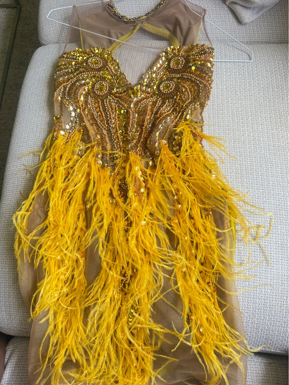 Yellow Beaded Feather Mini Dress - Party & Cocktail